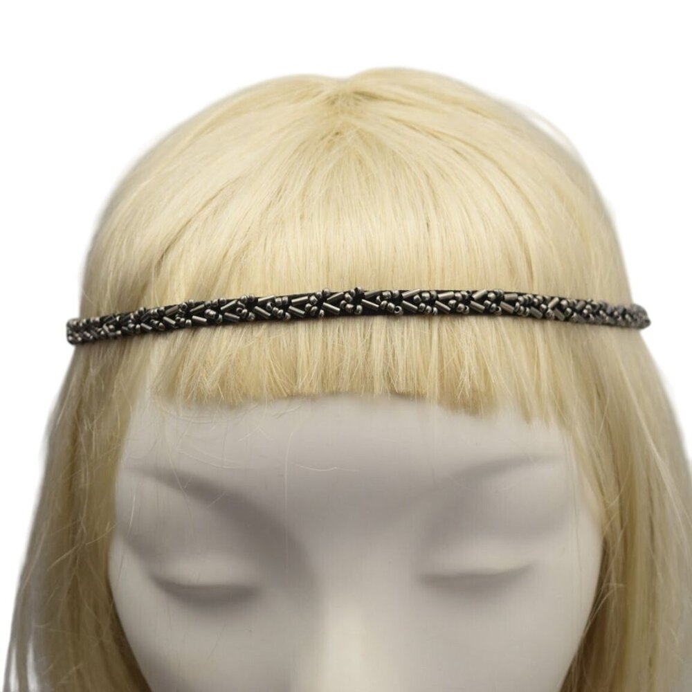 Beaded Elegance Black Beaded Headband Headwrap with Elastic
